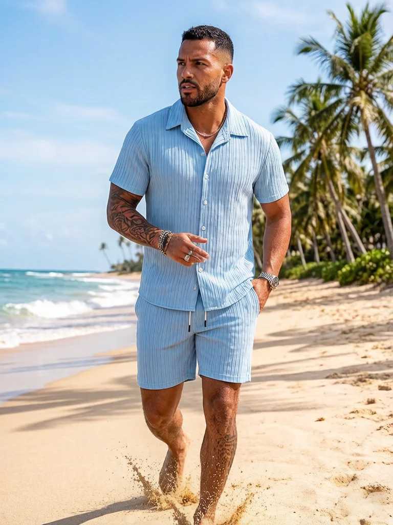 

Spring And Summer New Sports Men's Polo Casual Solid Color Loose Short-sleeved Drawstring Shorts Cardigan Striped Sports Suit