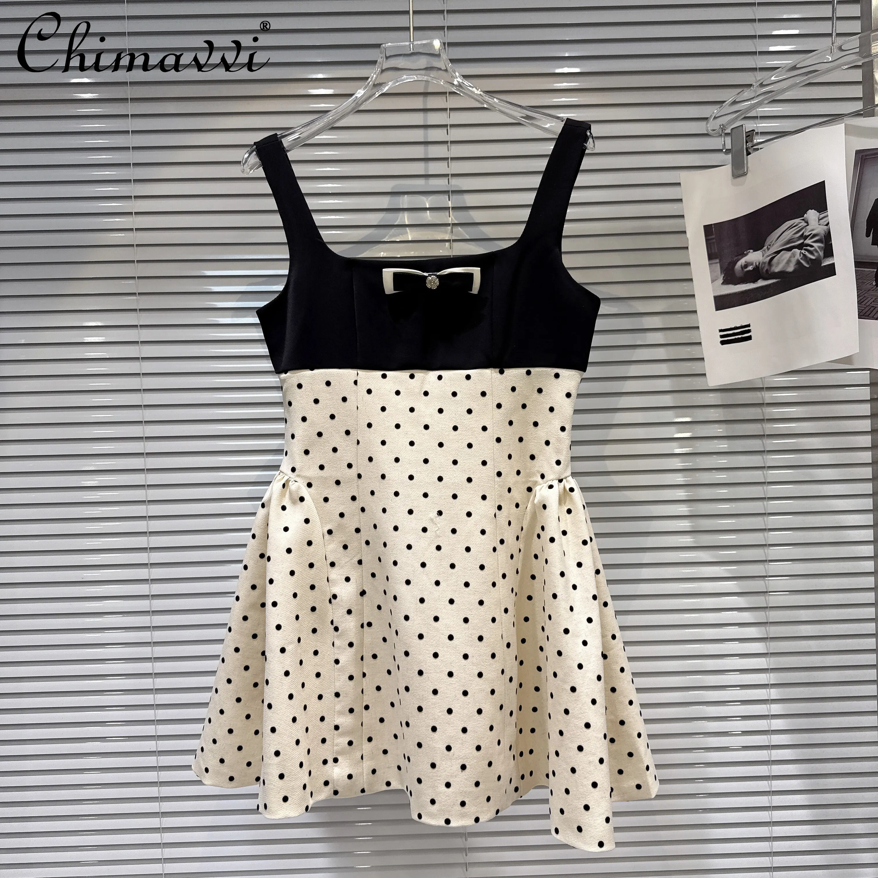 

2026 Summer French Elegant Sweet Socialite Casual Party Mini Dress Bow Polka Dot High Waist A-line Sleeveless Fluffy Dress Women