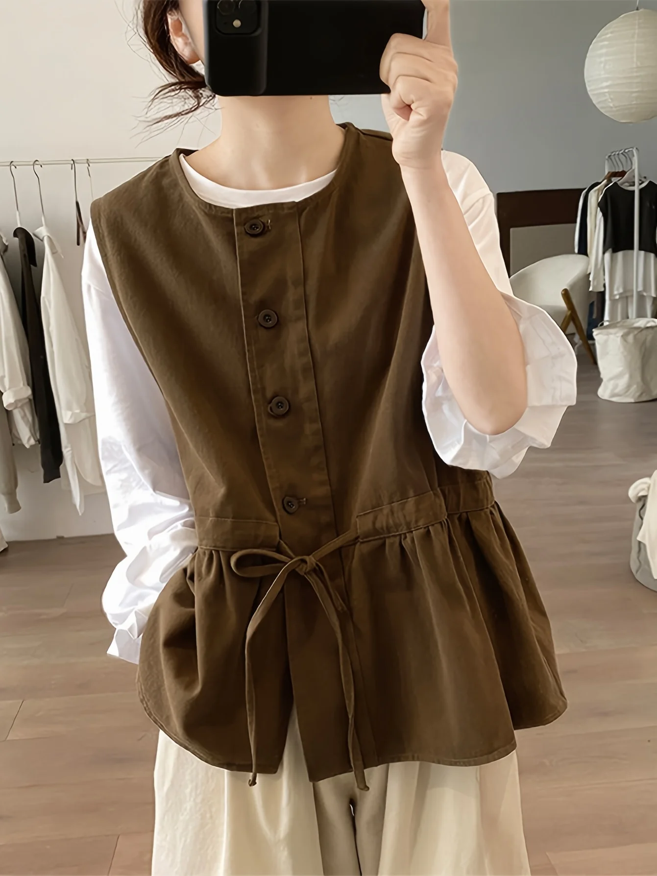 

Women's Loose Vest, New Fall Collection, Age-Reducing Round Neck Vest Top with Ruffle Trim, Niche Designer Outerwear