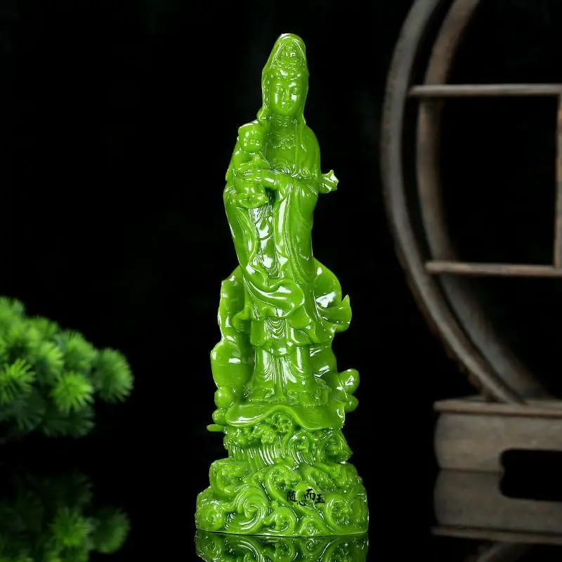 

Statue Chinese Natural Luminous Stone Buddha Bodhisattva Base Religious Green Sending Son Guanyin Hand Carving