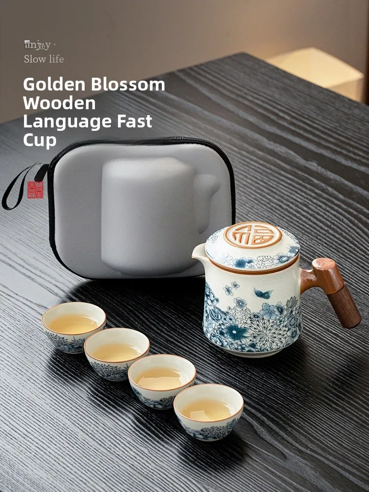 

Portable Ceramic Tea Set for Travel Outdoor One Pot Four Cups Quick Guest Cup Tea Pot Tea Cups Set Easy to Carry Tea Kit