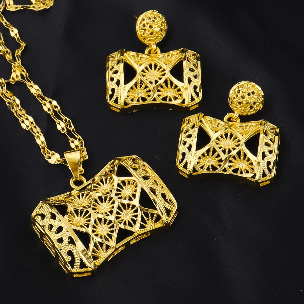Indisches Dubai Luxus unregelmäßige 24k Gold Farbe Halskette Ohrringe Schmuckset Alltagskleidung Hochzeitstag Geschenke – Detail 5