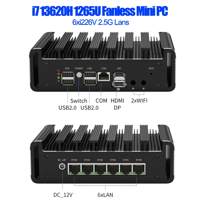 I7 13620H 1265U i3 1215U 1125G4 Aparelho Firewall sem ventilador 6xi226V 2.5G LAN Sever Softe Router Mini PC HD DP Computador de mesa
