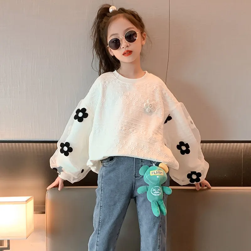 Autumn New Children Sweatshirt with Flower Clothes Cute Kids Girls Solid Color Korean Sweatshirt Fashion Teenager School Tops