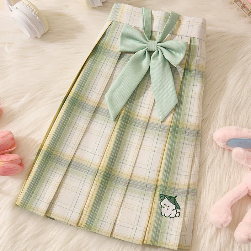 Embroidery Mini Skirts With Bowtie Women Summer Japanese School Pleated Skirt High Waist Kawaii Plaid Skirt Uniform Harajukur