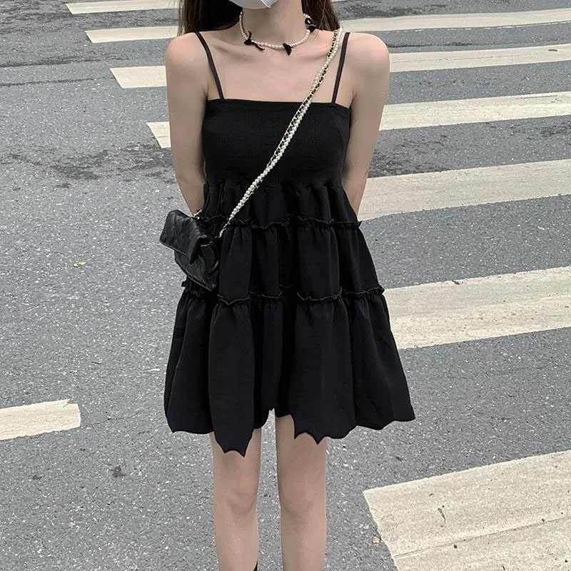 Fashion All-Match Fluffy Dress Women Korean Waist-Tight Spaghetti Strap Agaric Edge Black Dresses Woman 2023 Summer Prom Gown