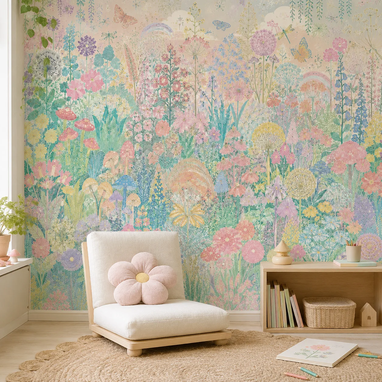 Pastel Wildflower Meadow Wall Mural Wallpaper, Colorful Floral Garden with Mushrooms Butterflies for Kids Room, Paste Required