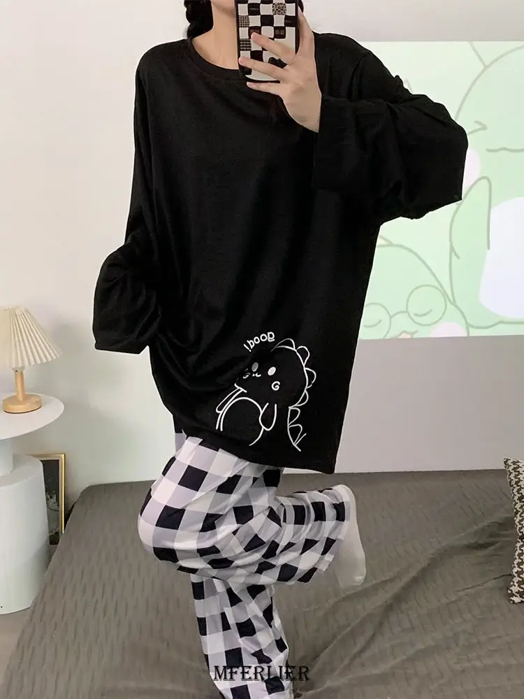 Plus Size 5XL 150kg Oversized Spring Sleepwear Cartoon Pajamas For Women Long Sleeves Wide Leg Pants Trousers Suits