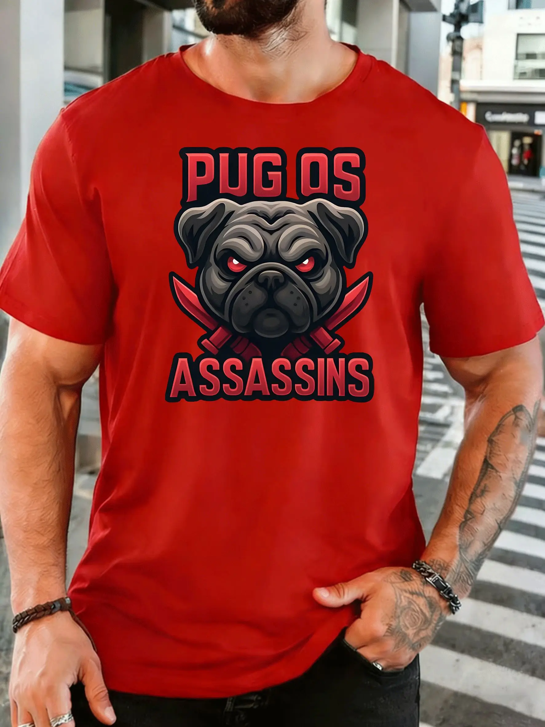 Men T Shirt Short Sleeve Pug Os Assassins Graphic Tee Pug Dog Cross Knives Soft Cotton O Neck Casual Tops Adult Male Daily Wear