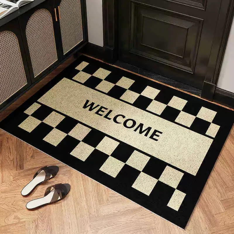 VIKAMA Black Beige Checkerboard Salutations Welcome Mat Checkered Grip Backed Entryway Carpet Contemporary Floor Padding Decor