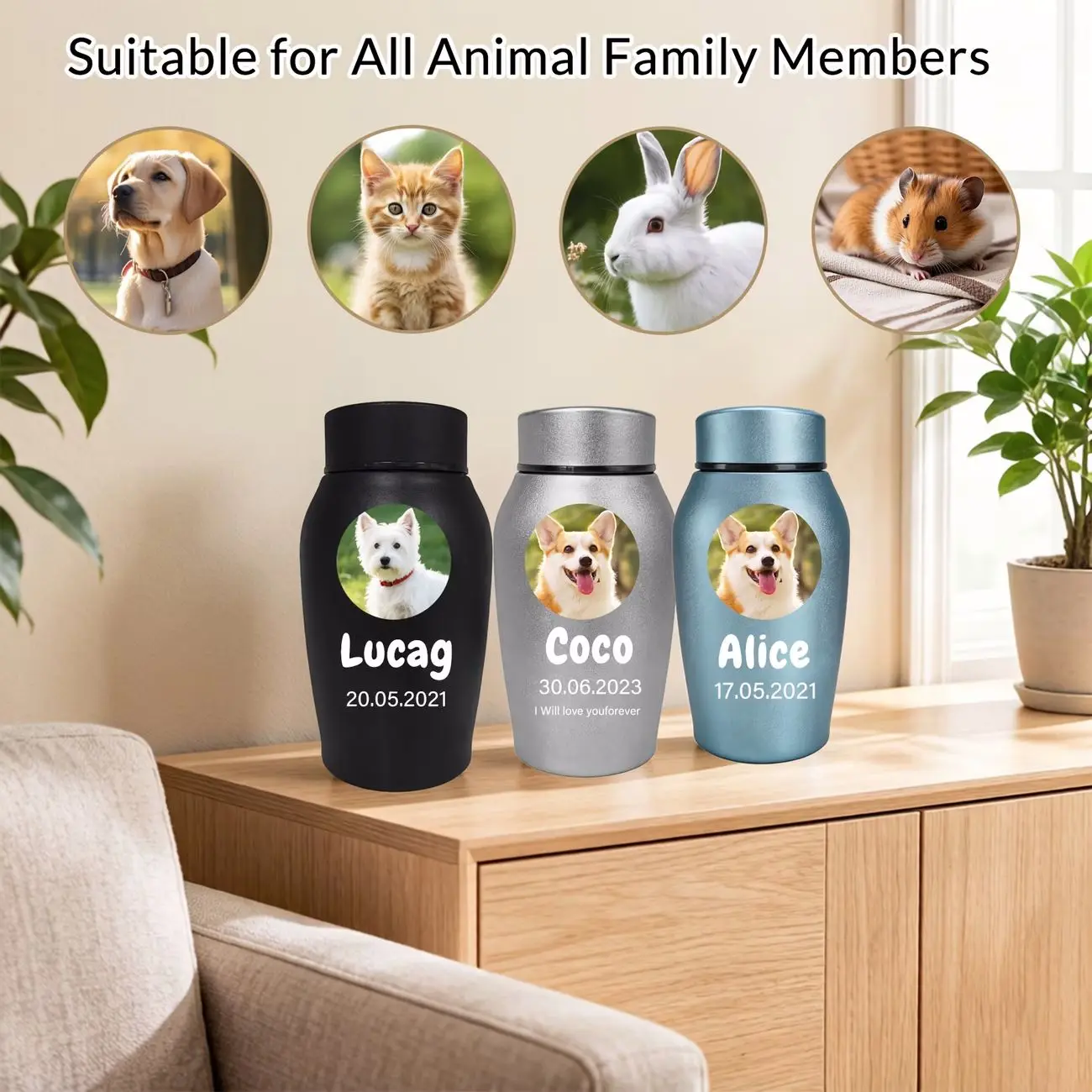 Personalized Pet Urn Custom Photo Name Cremation Keepsake Dog Cat Memorial Gift Stainless Steel Ashes Urn