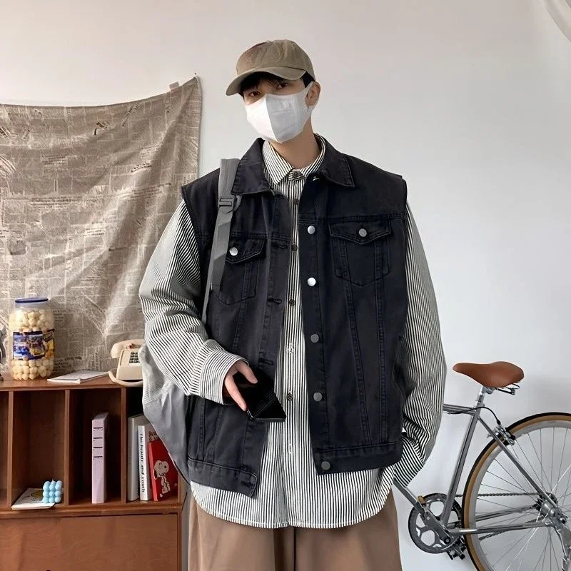 

Men's Loose Denim Jacket Spring 2025 Streetwear Trendy Hong Kong Style Vest Utility Vest for Casual Street Outfits