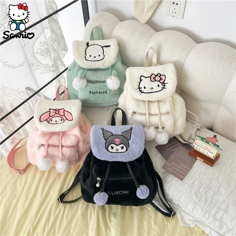 Mochila peluda de Anime Sanrio Kuromi, bolso escolar de felpa de Hello Kitty, bolso de estudiante My Melody, bolso de mano para niñas, juguetes para