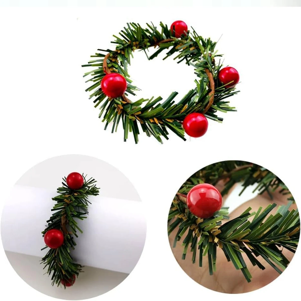 Festive Red Pinecone Shape Christmas Napkin Rings Hand-Woven Needle Napkin Buckles with Berry Candle Wreath Design