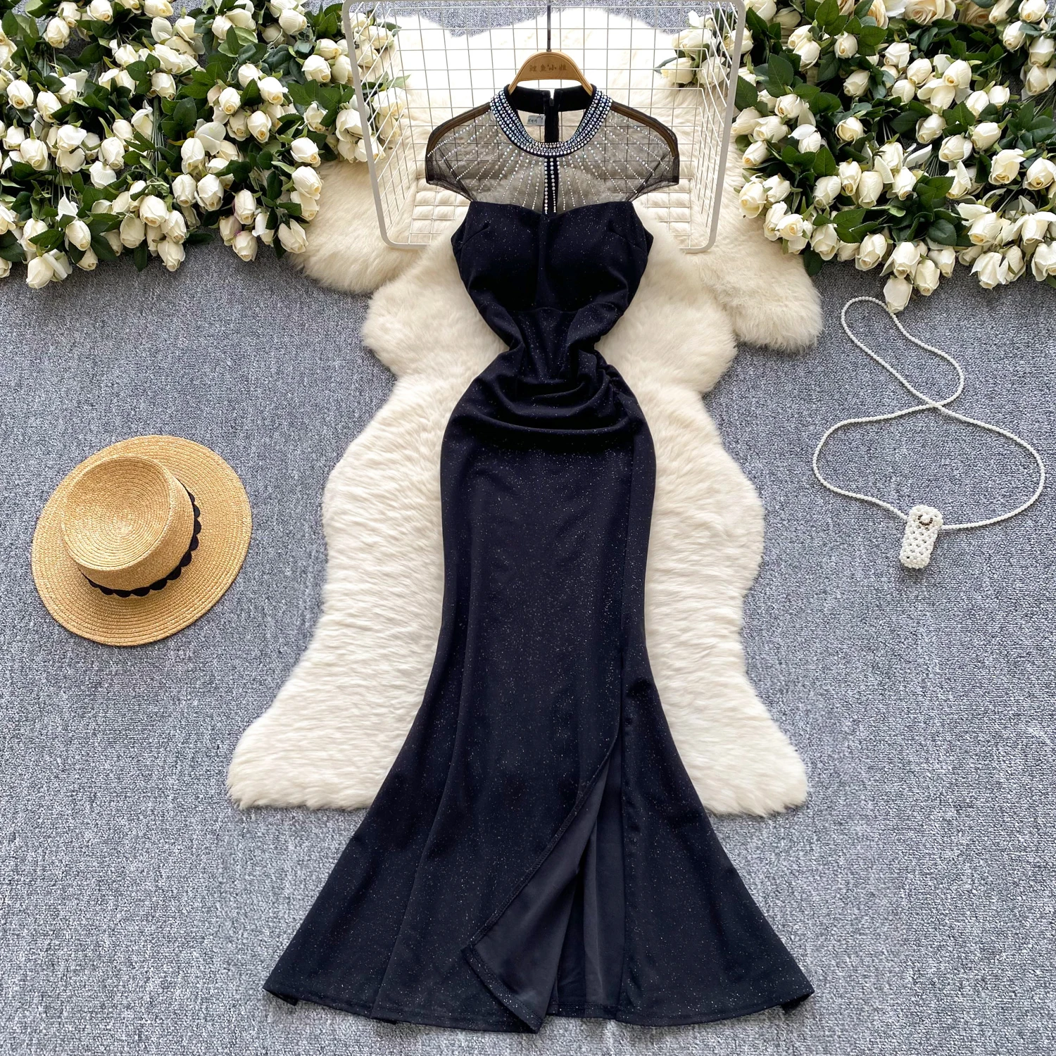 

Chic mesh split Spliced Pleated Dress High Waist Evening Party Women High Street ceremony dresses mermaid dress