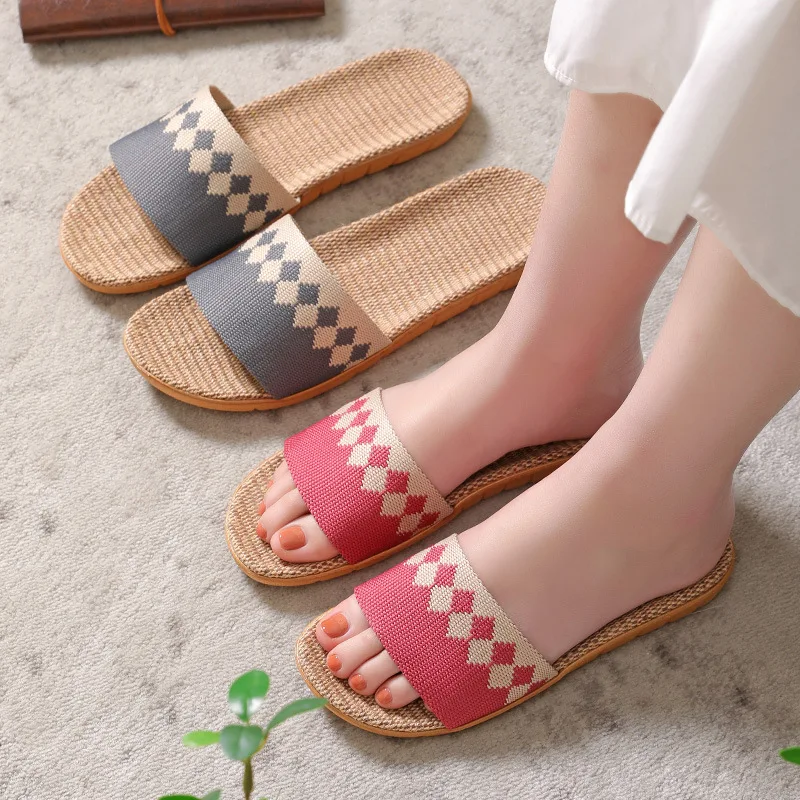 Mntrerm Square Pattern Linen Indoor And indoor Home Wood Floor Tile Slippery For Summer Season Linen Open Toe Straw Slippers