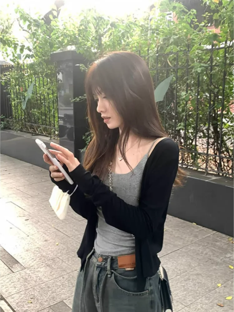 Black Long Sleeve Knitted Open Cardigan Women's Spring Autumn Short Style Versatile Top Coat for Small Figures Commute Style