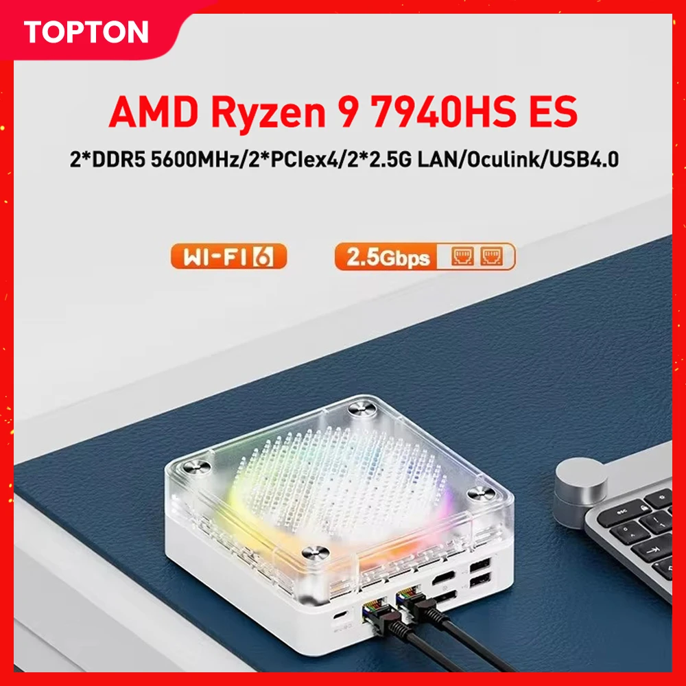 

2024 AMD Mini PC Ryzen 9 7940HS ES Oculink RGB Color Gamer 2*2.5G LAN 2*PCIe 2*DDR5 USB4.0 Windows 11 Gaming Computer 3x4K WiFi6