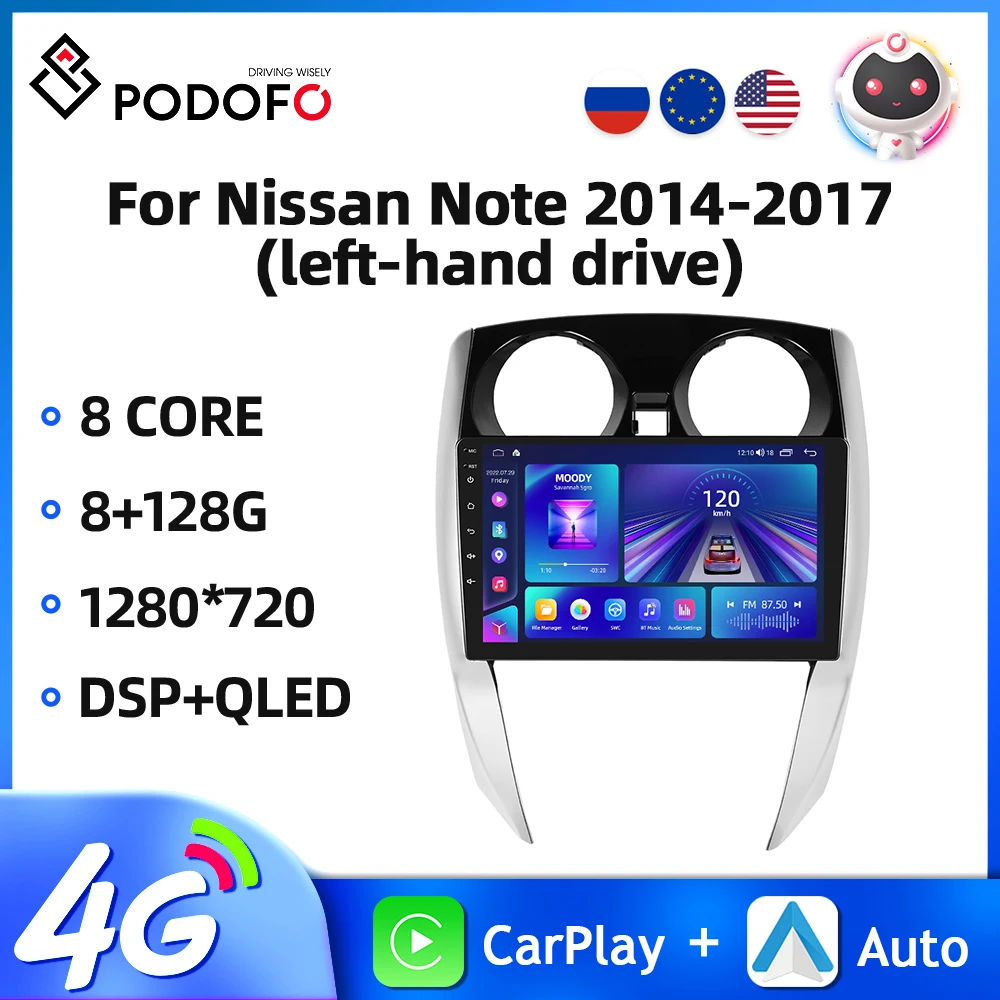 Podofo 2Din 10.1'' Car Radio For Nissan Note 2014-2017 Multimedia Player Carplay Android Auto 8Core WIFI 4G AI Voice Car Audio