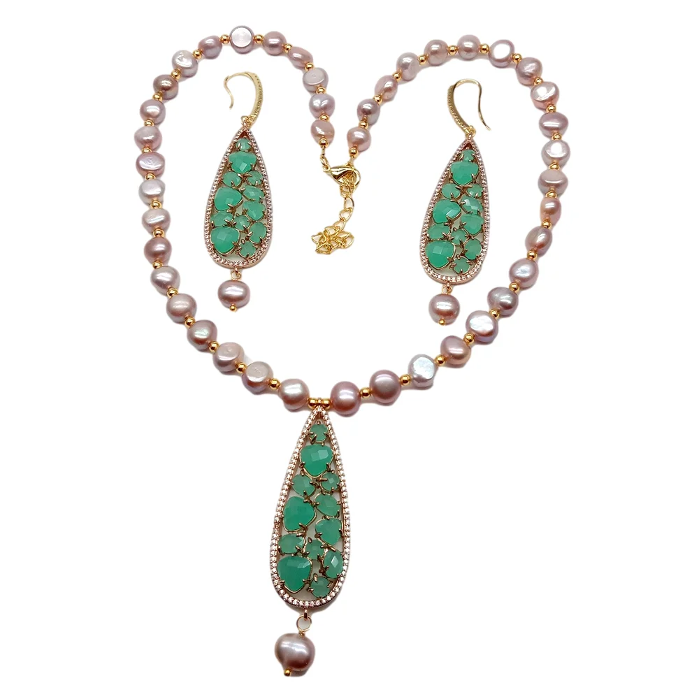 Y·YING  Cultured Purple Baroque Pearl Bezel Set Green Cat Eye Pendant Necklace Earrings Set