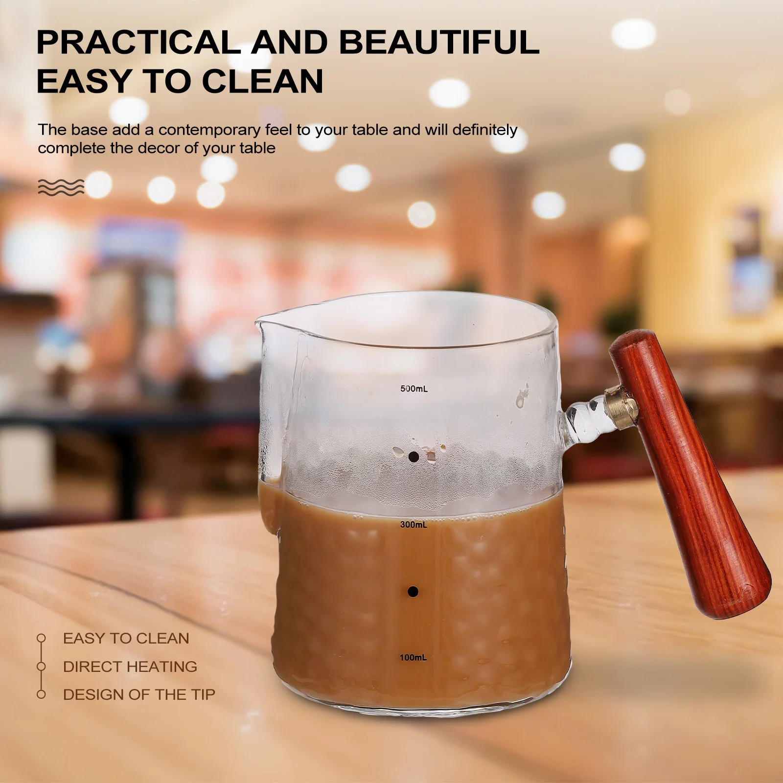 

Стеклянная чашка для вспенивания кофе с деревянной ручкой, идеальный размер для сервировки вспенивания кофе, сока, мороженого, мерная чашка для использования на кухне