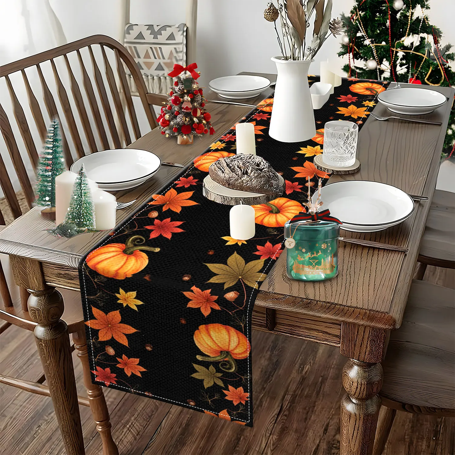 قطعة واحدة من مفرش طاولة بطابع الخريف مع أنماط أوراق اليقطين والخريف، مناسبة لزينة الخريف وعيد الشكر #4