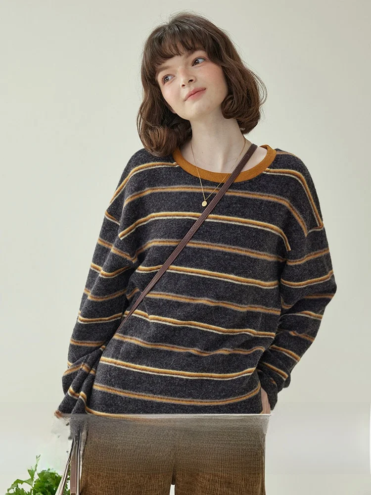 

Женская зимняя новая повседневная полосатая футболка AMUU North Island с длинным рукавом и круглым вырезом, свободного кроя