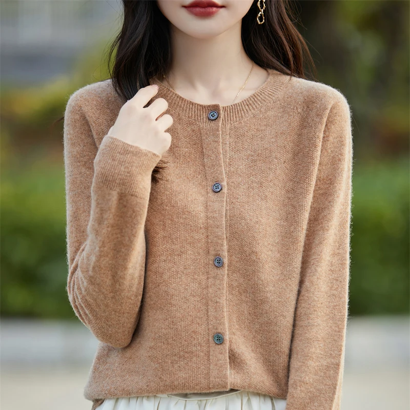 2024 Autumn Winter Knitted Round Neck Cardigan Women\'s Wool Sweater Women\'s 100% Wool Korean Version Loose Top Cashmere Jacket