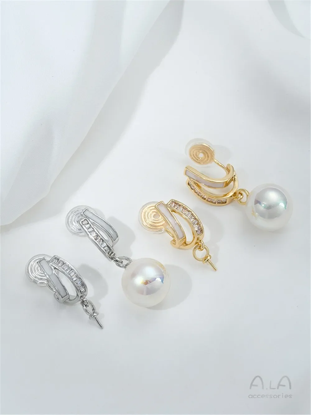 14K Bag Gold Zirconium Dripping Oil C-shaped Hanging Pearl Mosquito Coil Disc Ear Clip Handmade DIY Ear Jewelry Accessories