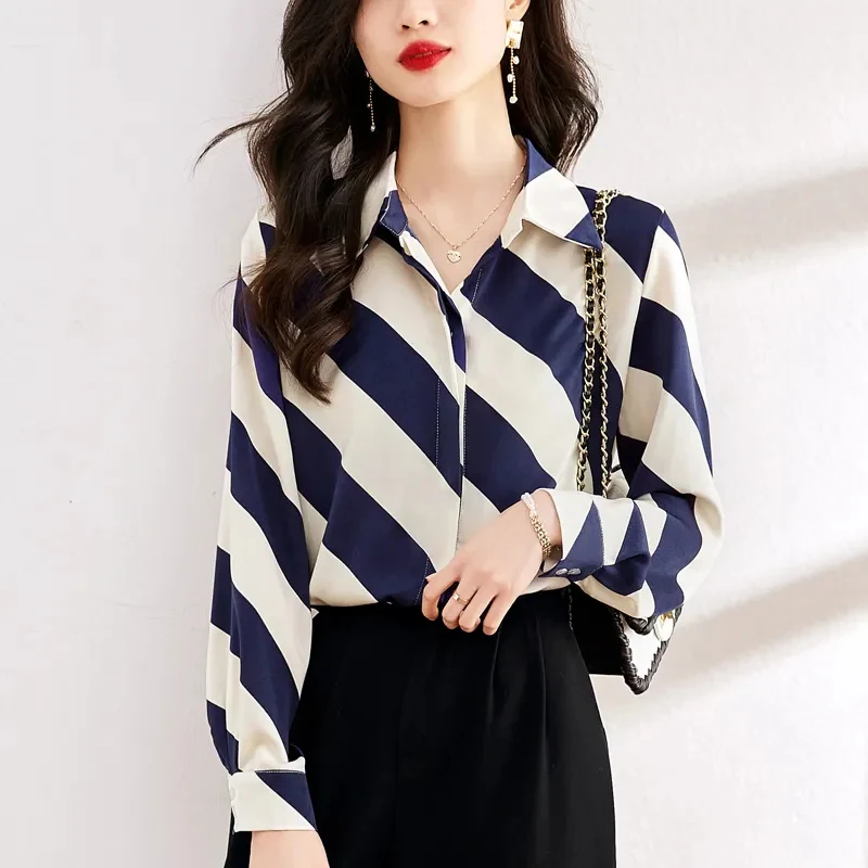 

2023 Spring New Silk Satin Long Sleeved Shirt for Women's Simple Commuting Style Shirt with Slim and Fashionable Top Versatile
