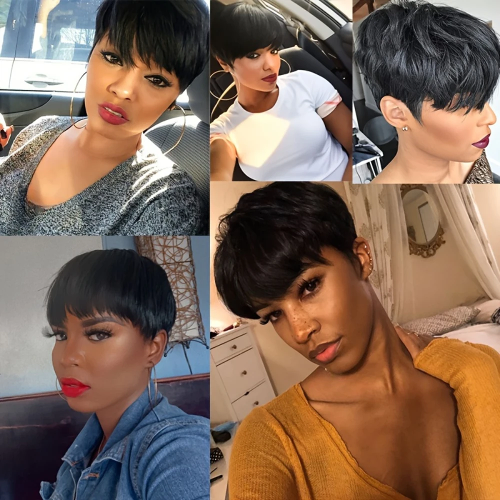 350 # /99j/1b colorido pixie corte em linha reta peruca de cabelo humano para as mulheres completa máquina feita peruca curta em camadas peruca reta com franja