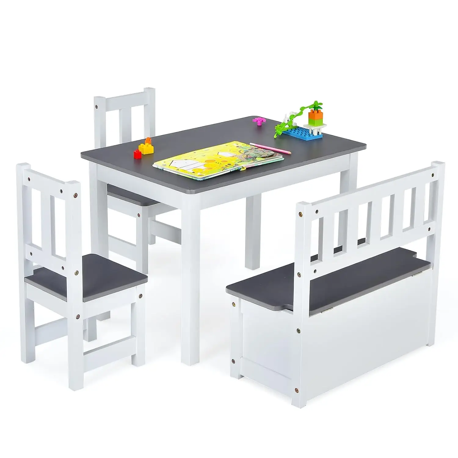 Kids Activity Table & Chair Set with Toy Storage Bench for Arts Crafts Snack Time Playroom Kindergarten Bedroom Grey, Customized