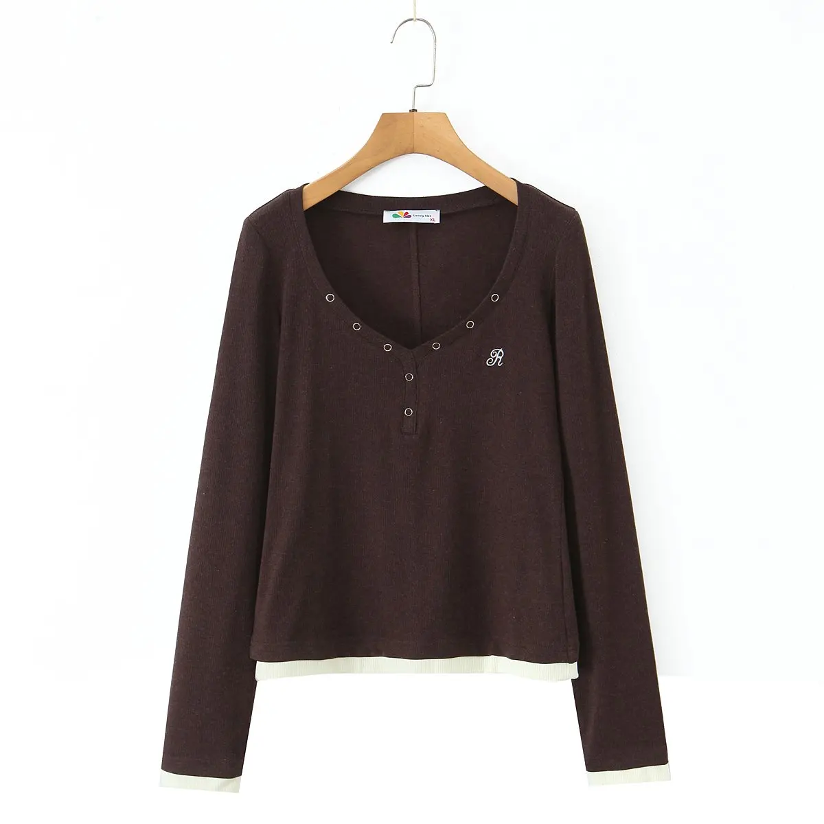 Premium americano cuello en V ajustado de punto falso dos piezas de manga larga Tops estudiante otoño XXXXL moda de talla grande camiseta de mujer
