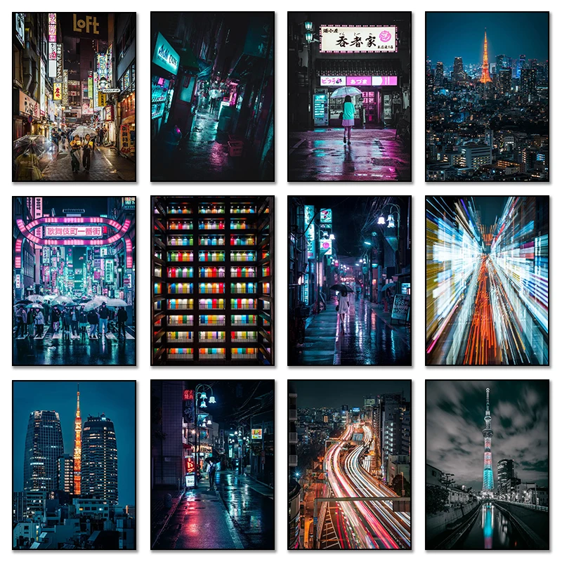 Póster de ciudad nocturna Pop Neo Kyoto, Torre de Osaka, lluvia, calle, medianoche, Matsuri, pinturas en lienzo púrpura, arte de pared, decoración de la habitación del hogar
