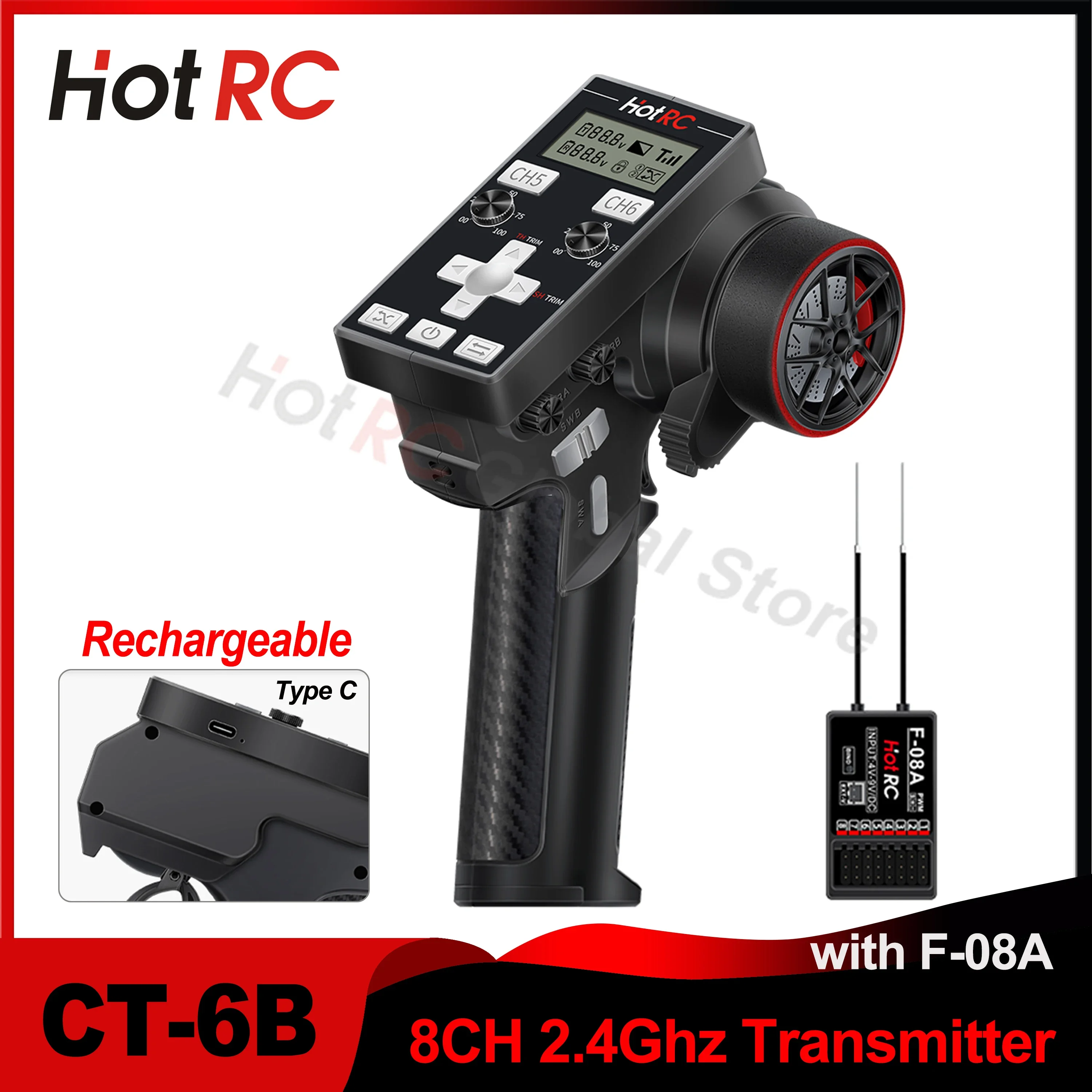 HOTRC CT-6B 8CH One-Hand Operation Remote Control 2.4Ghz RC Transmitter with F-08A 8 Channel PWM Receiver for RC Car Boat Tank