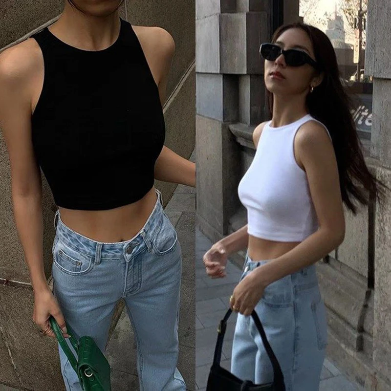 Women`s Camisole Vest Slim Sleeveless Tops Shirts Outerwear Pullovers Y2K Boob Tube Tops Pullovers Leaky Waist Slip Shirts