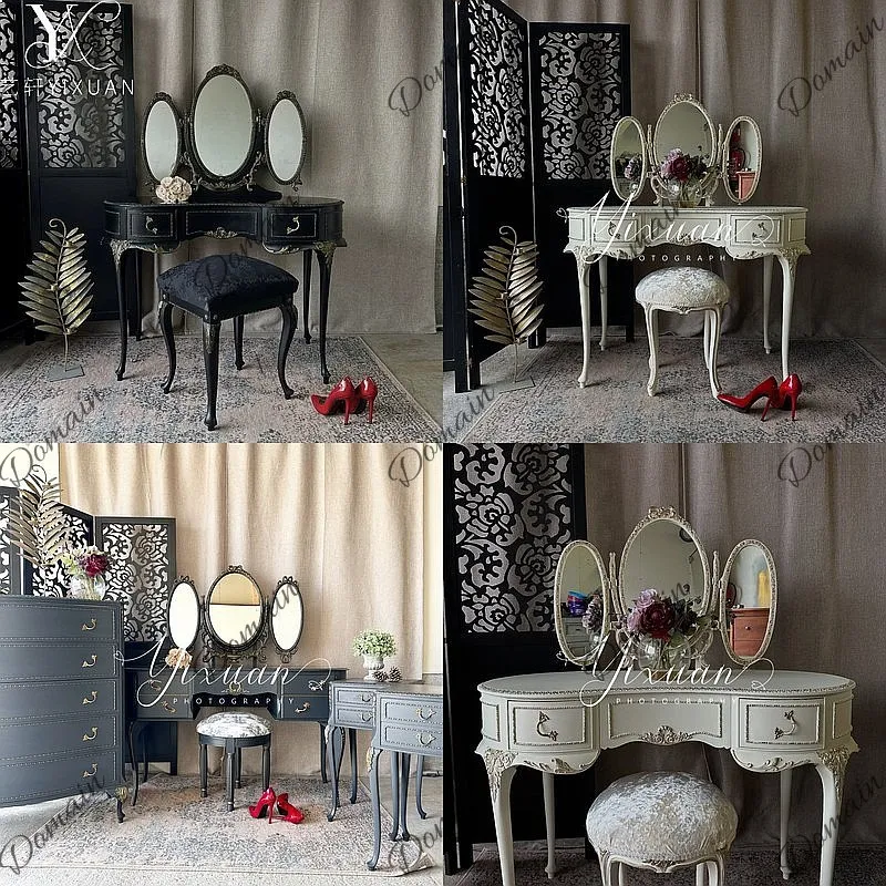 French Solid Wood Vintage Vanity Table with Mirror for Bedroom, Rustic Multi-Functional Storage Dresser
