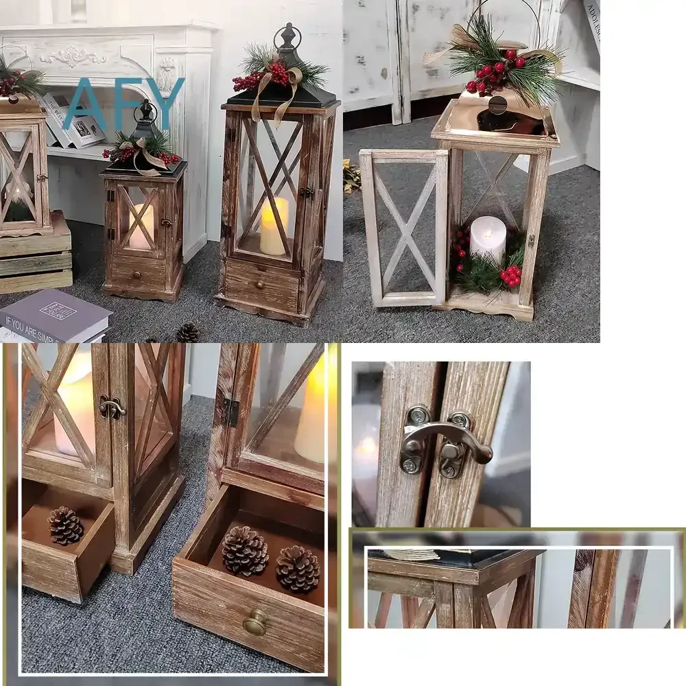 European Style Wooden Metal Lantern for Festive Decoration Ornamental Floor Ceiling Light for Electronic Candles Home Decor