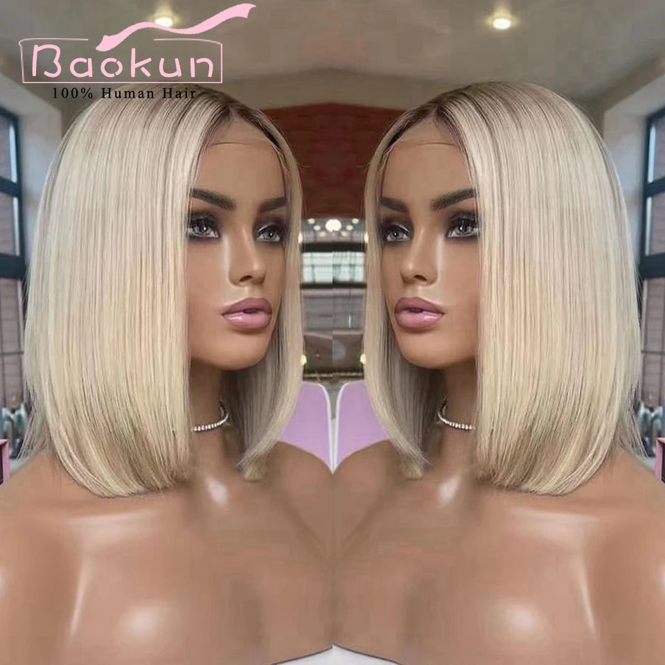 Perruque Bob Lace Front Wig sans colle naturelle, cheveux courts lisses, blond clair, 13x6, 13x4, HD, transparente