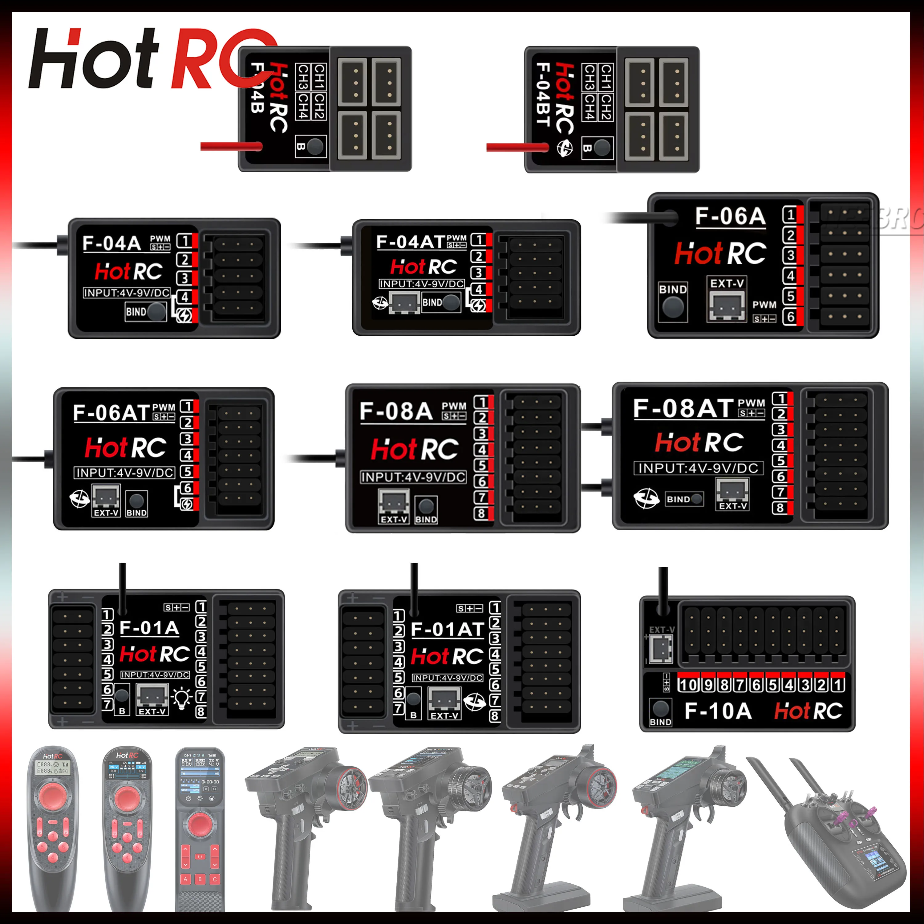 HotRC 4/6/8/10CH 2.4G Receiver F-04BT F-04AT F-06AT F-08AT F-01AT F-10A Gyro Voltage Return for RC Car Plane Tank Boat CT-6A Toy