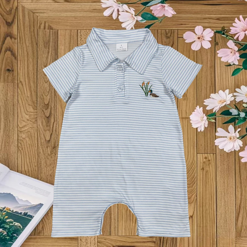 

9.10 Baby Boys Summer Rompers Embroidery Baby Boys Blue Stripe Short Sleeves Duck Button Shorts Rompers