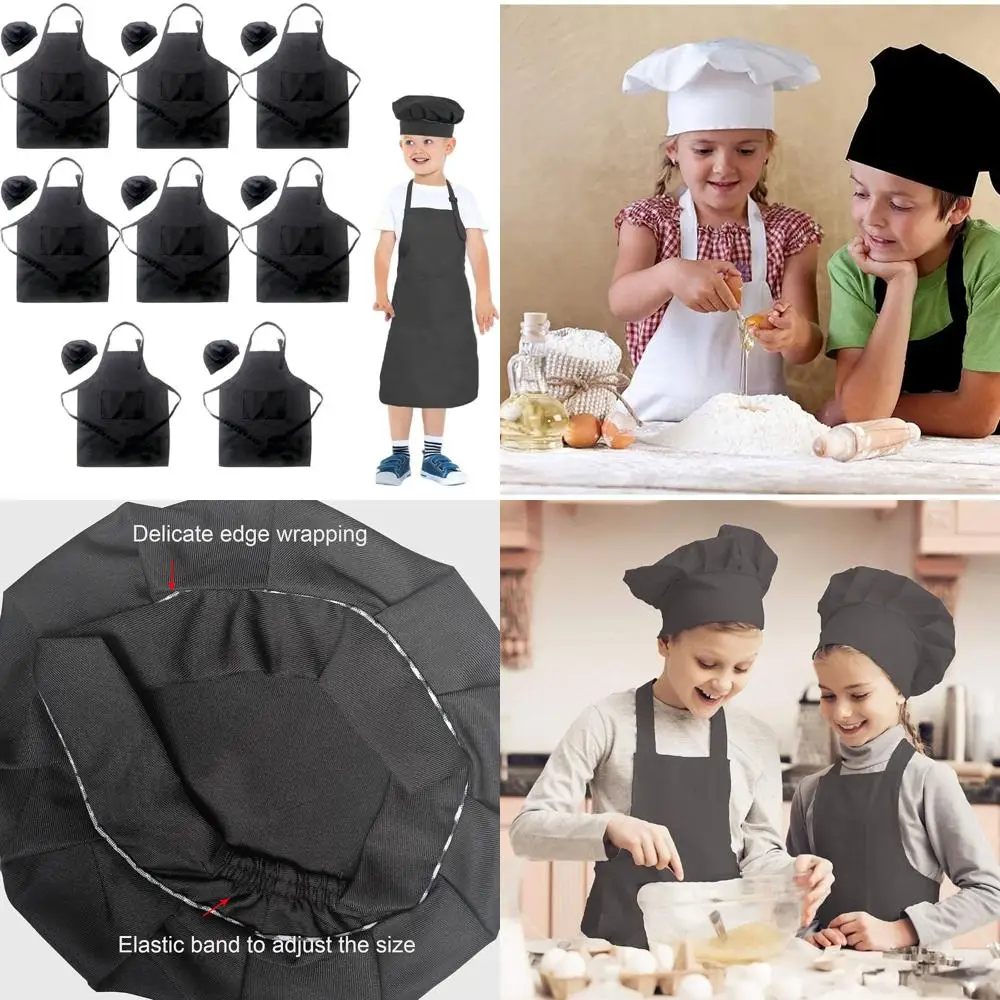 

Set of 8 Black Kids' Chef Aprons with Pockets and Hat for Cooking, Baking, and Painting