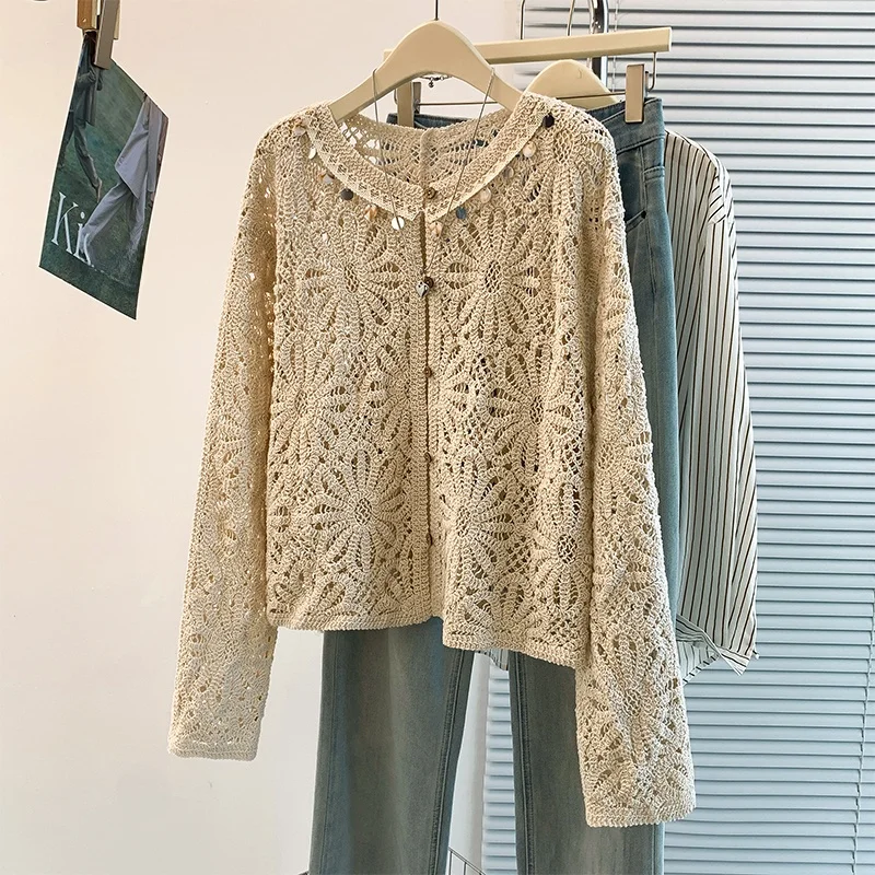Large Size Women's Knitted Sweater Hollow out Base Layer Hook Flower Design Belly Cover Spring Autumn New Style Loose Top