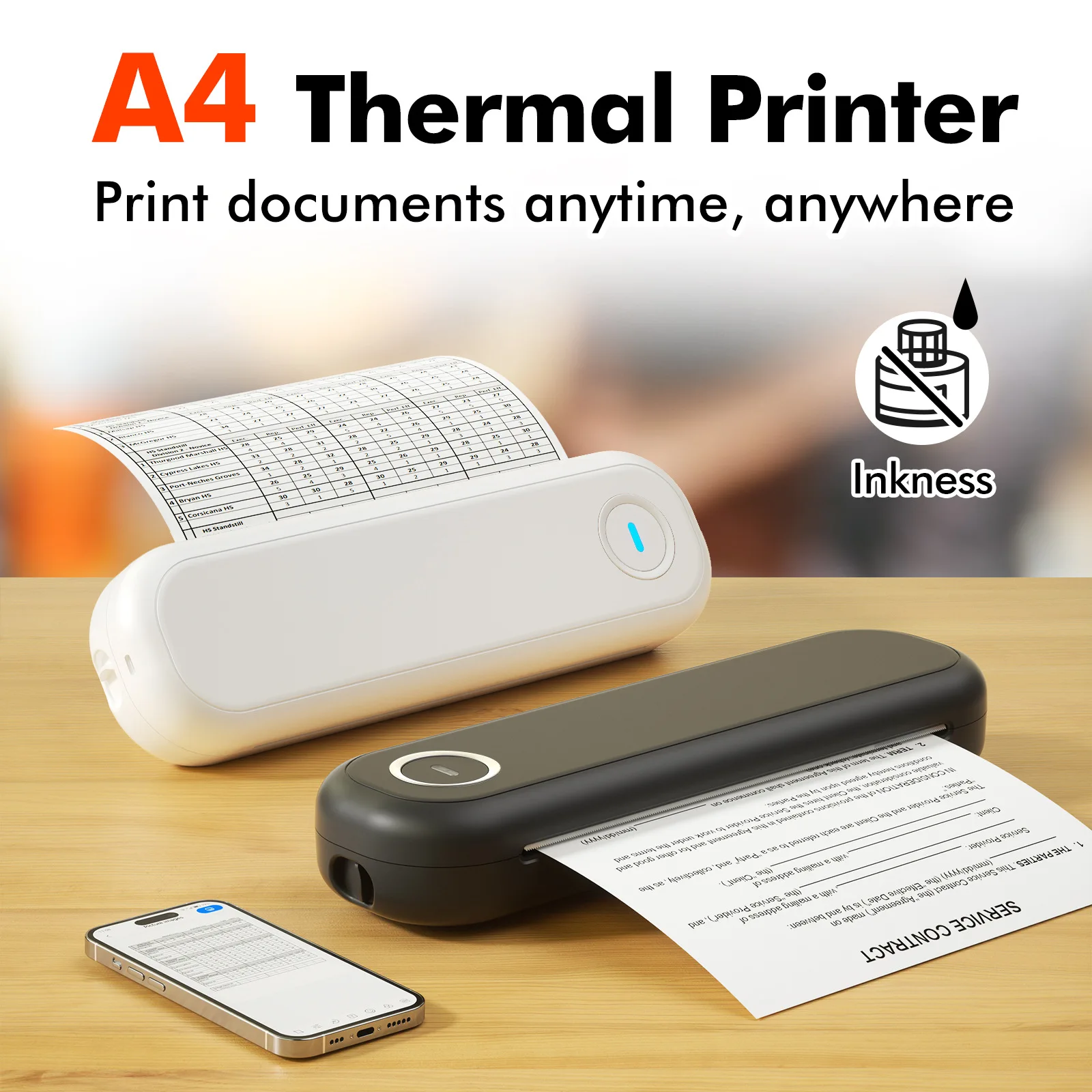 

Portable Wireless Bluetooth Thermal Printer Inkless Supports A4 US Letter Compatible with iOS Android&Laptop for Office Car Home