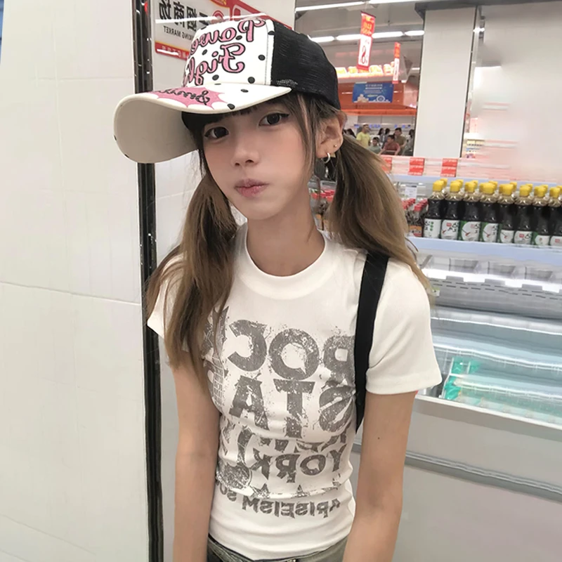 Japanese Y2k Letter Print T-shirt 2000s Style Short Sleeve Crop Top Vintage Harajuku Ribbed Tee Shirt American Retro 90s