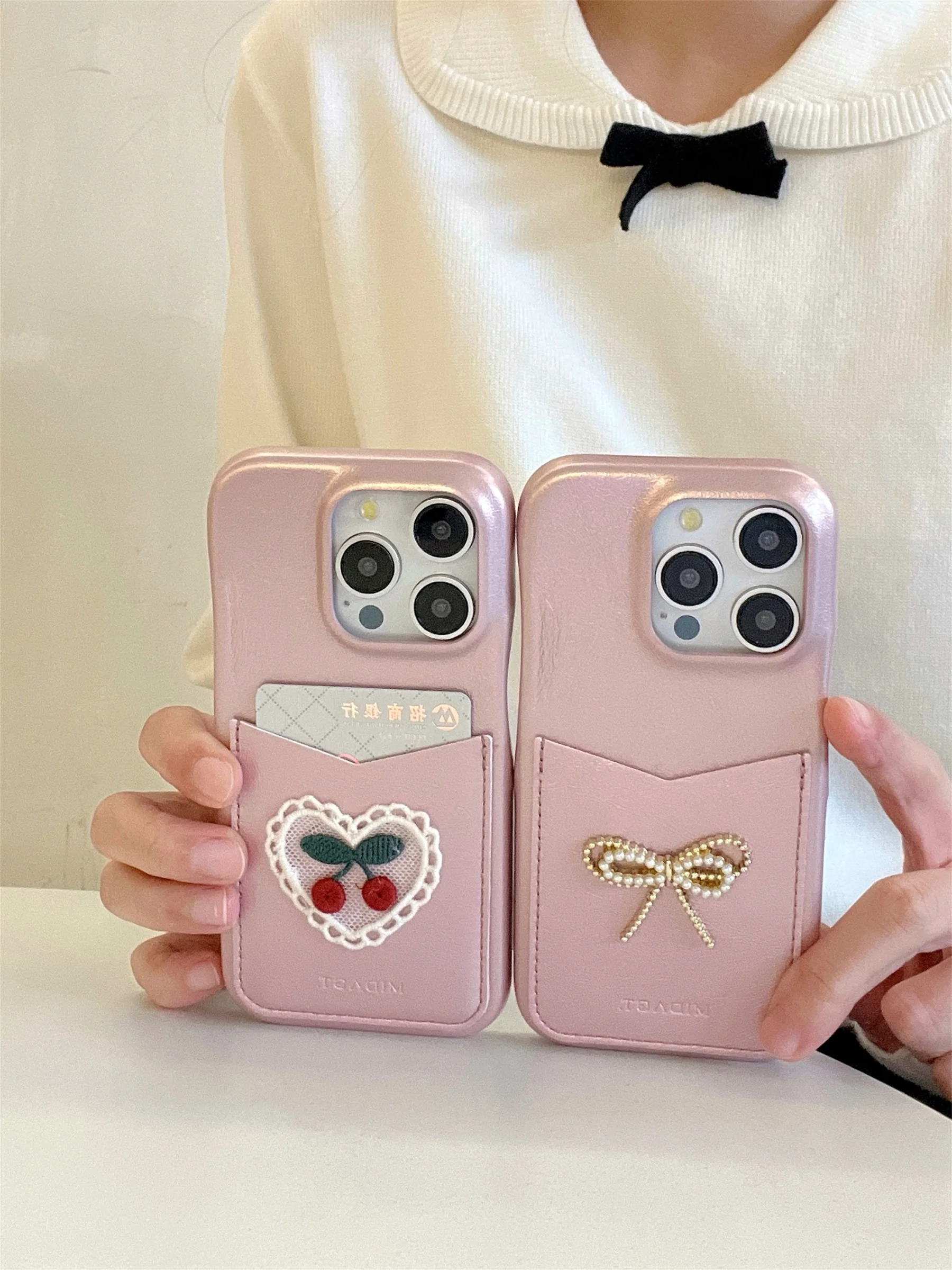 

Ins Korean Luxury 3D Cortex Lace Heart Cherry Pearl Bow Card Holder Case for iPhone 11 12 13 14 15 Pro Max Shockproof Cover