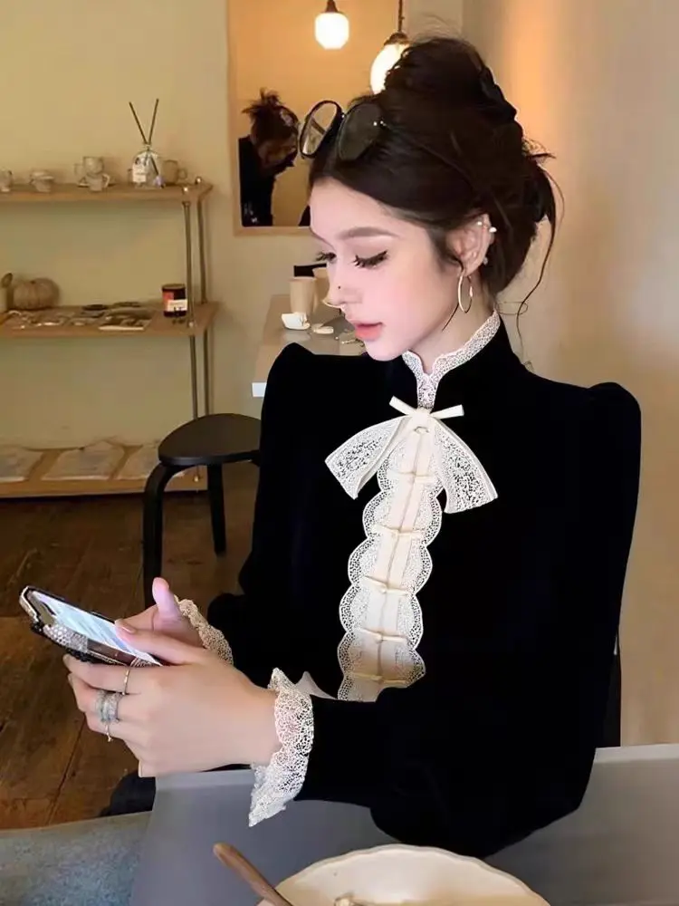 

Ele Bla Velvet irt Women's Faionable Button up Base Layer irt Sve Long Lantern Sve Stand Collar Knot