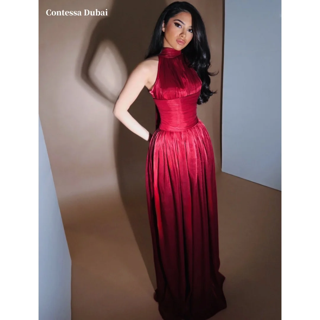 Contessa Custom Red Halter Neck Prom Dress Sheath Sleeveless Vestidos De Noche Multilayer Pleats Formal Evening Dresses 2026
