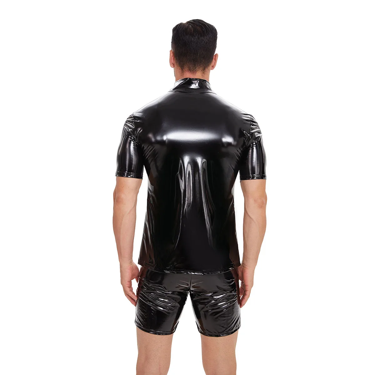 Mens Sexy Glossy PVC Leather short-sleeved Shirt Erotic Shaping Latex Casual Coat Male Shiny Metallic Patent Leather Tops Sexi