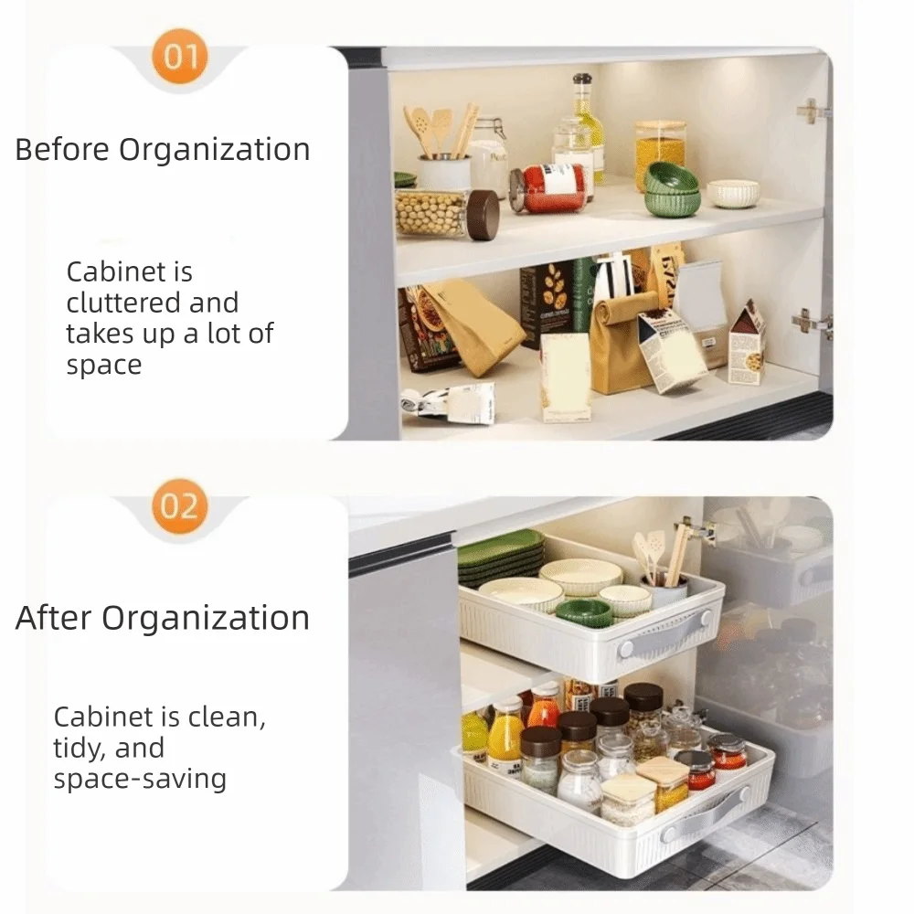 Tiroir de cuisine en plastique, support de rangement de grande capacité, pots à épices antidérapants, support de rangement avec Rails coulissants avec poignée
